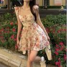 Sleeveless Floral Print Ruffled A-line Dress Dress - Pink Floral - White - One Size