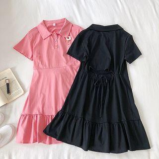 Plain Short-sleeve Ruffled-trim Dress