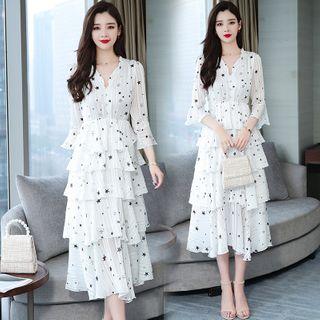 Star Print Bell-sleeve Layered Midi A-line Dress