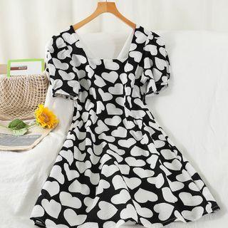 Puff-sleeve Heart Print A-line Dress