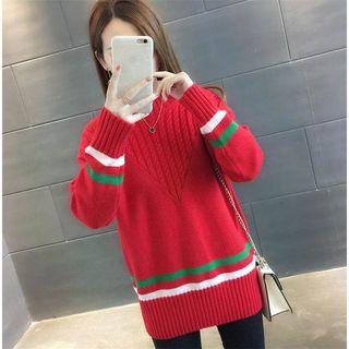 Mock Neck Cable-knit Stripe Sweater