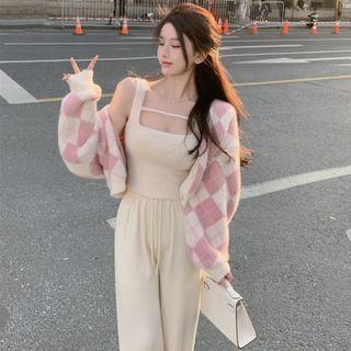 Argyle Cropped Cardigan / Tank Top / Drawstring Straight Leg Pants