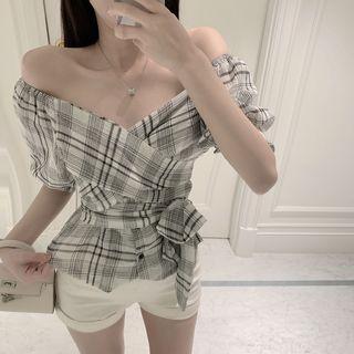 Plaid V-neck Off-shoulder Blouse