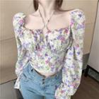 Bell-sleeve Floral Print Halter Blouse Floral - Purple & Green - One Size