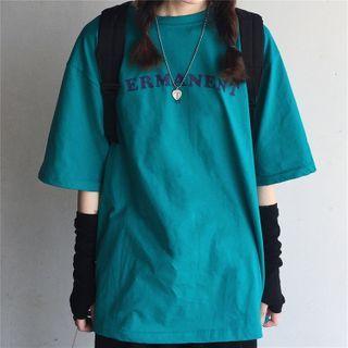 Elbow-sleeve Lettering T-shirt Aqua Green - One Size