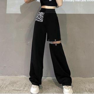 Zebra Print Panel Cut-out Wide Leg Pants