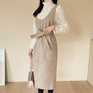 Woolen Midi Pinafore Dress With Sash