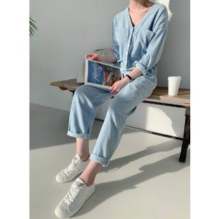 V-neck Shirtwaist Denim Jumpsuit Light Blue - One Size