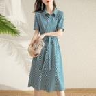 Short-sleeve Houndstooth Midi Shirt Dress