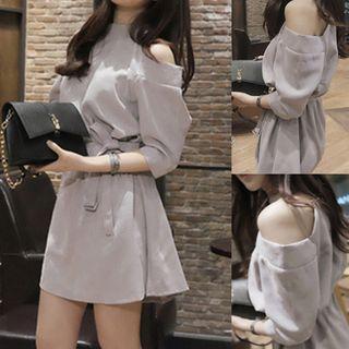 Cutout-shoulder Elbow-sleeve Tie-waist Dress