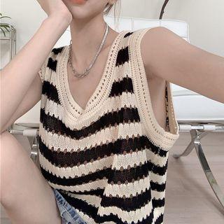 Striped Knit Crop Tank Top Stripes - Black & Almond - One Size