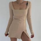 Long-sleeve Slit Mini Bodycon Dress