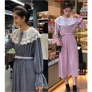 Lace Collar Long-sleeve A-line Midi Velvet Dress