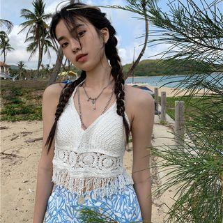 Halter Plain Frayed Knit Top White - One Size
