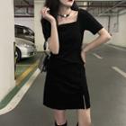 Short-sleeve Slitted A-line Dress Black - One Size