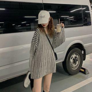 Long Sleeve Striped Oversized Sweater Gray - One Size