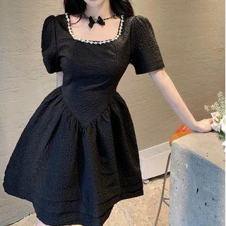 Short-sleeve Scoop Neck Rhinestone Mini A-line Dress