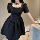 Short-sleeve Scoop Neck Rhinestone Mini A-line Dress
