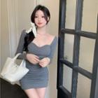 Long-sleeve Plain Mini Bodycon Dress Gray - One Size