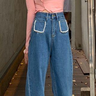 Faux Pearl Pocket Straight Leg Jeans