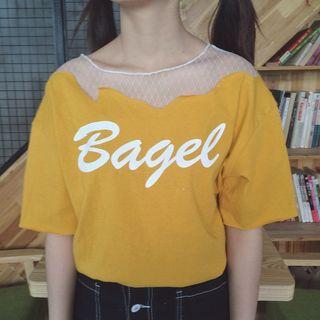 Lettering Lace Panel Elbow Sleeve T-shirt