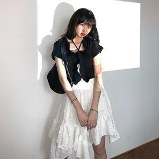 Short-sleeve Cardigan / Camisole Top / Asymmetric A-line Crinkle Skirt