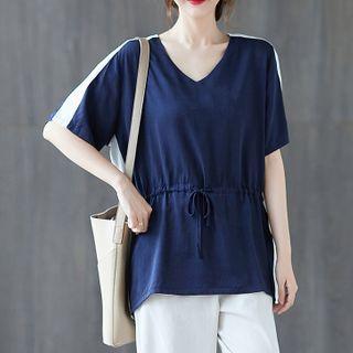 Short-sleeve Contrast Stripe Drawstring T-shirt