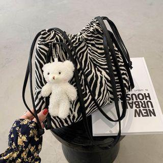 Zebra Print Canvas Shoulder Bag / Bag Charm / Set