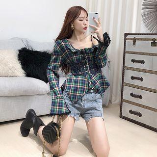 Cold-shoulder Plaid Lace-up Shirt
