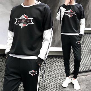 Set: Mock Two-piece Print Pullover + Sweatpants