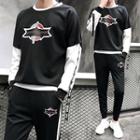 Set: Mock Two-piece Print Pullover + Sweatpants