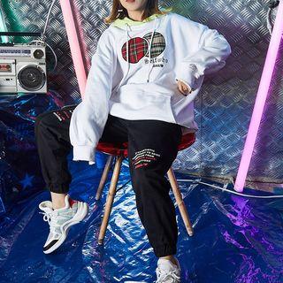 Plaid Applique Lettering Hoodie