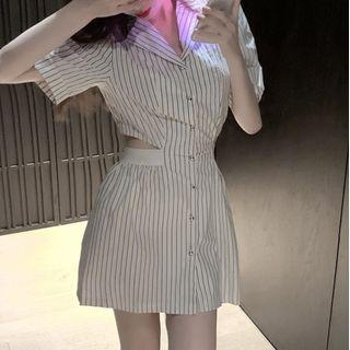 Striped Cut-out Short-sleeve Mini Collared Dress