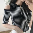 Half Zip Cutout Shoulder Elbow-sleeve Knit Top