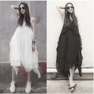 Spaghetti Strap Frill-trim A-line Midi Dress