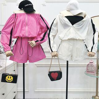 Off-shoulder Long-sleeved Jacket + High-waist Shorts