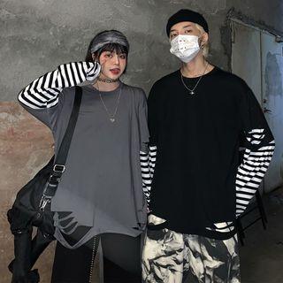 Mock Two-piece Long-sleeve Striped Paneled Ripped T-shirt