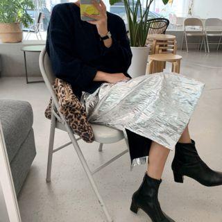 Crinkled Slit-side Long Skirt Silver - One Size