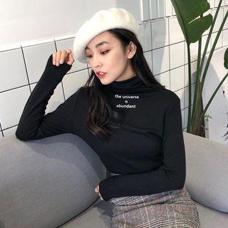 Turtleneck Lettering Printed Long Sleeve Top