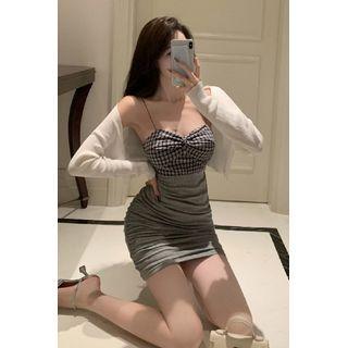Plaid Spaghetti Strap Shirred Mini Dress / Cropped Cardigan