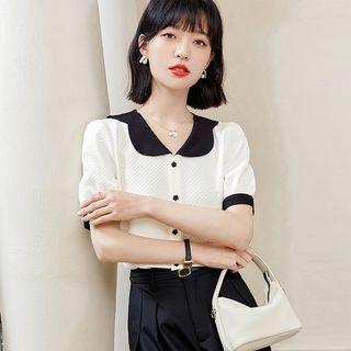 Puff Sleeve Peter Pan Collar Contrast Trim Shirt