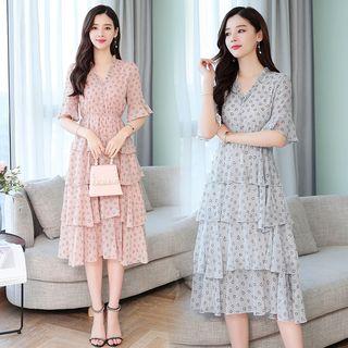 Floral Elbow-sleeve Midi Tiered Dress