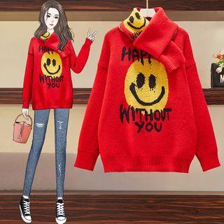 Set: Smiley Face Print Sweater + Scarf