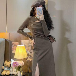 Long-sleeve Cutout Slit Knit Midi Dress