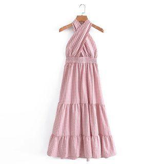 Halter-neck Gingham Tiered Maxi A-line Dress