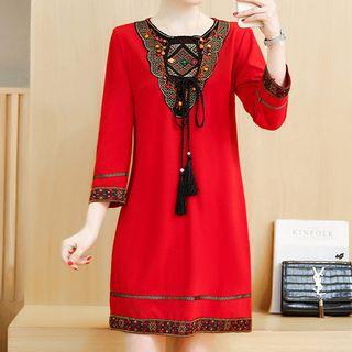 3/4-sleeve Embroidered Tasseled Mini Shift Dress