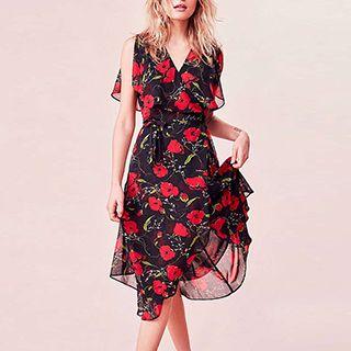 Floral Print V-neck Sleeveless Midi Chiffon Dress
