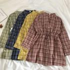 Color-block Plaid Lace-up Long-sleeve Shirtdress