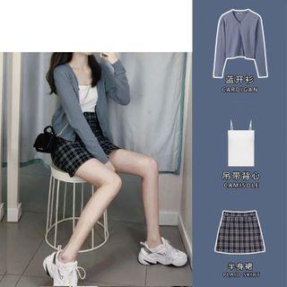 Set: Buttoned Cardigan + Camisole Top + Plaid A-line Mini Skirt