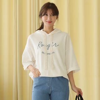 Rollup-sleeve Letter-printed Lace-trim Hoodie
